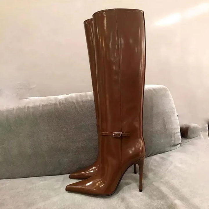 Italian Women's Knee-High Pointed Toe leather Women Boots