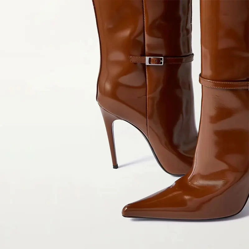 Italian Women's Knee-High Pointed Toe leather Women Boots