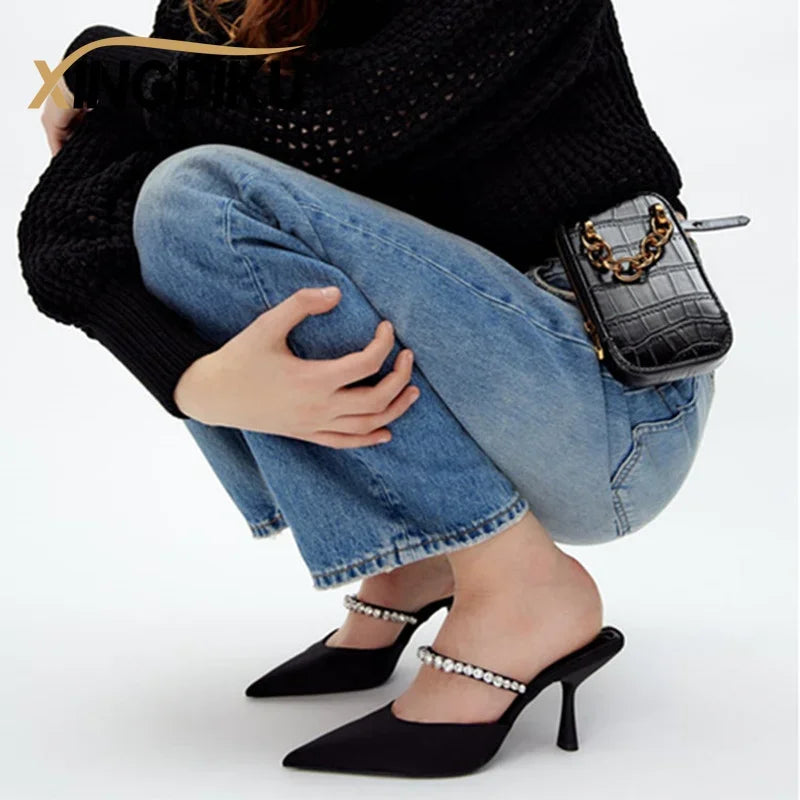 Women’s Black Rhinestone Stiletto Sandals - Dress Shoes