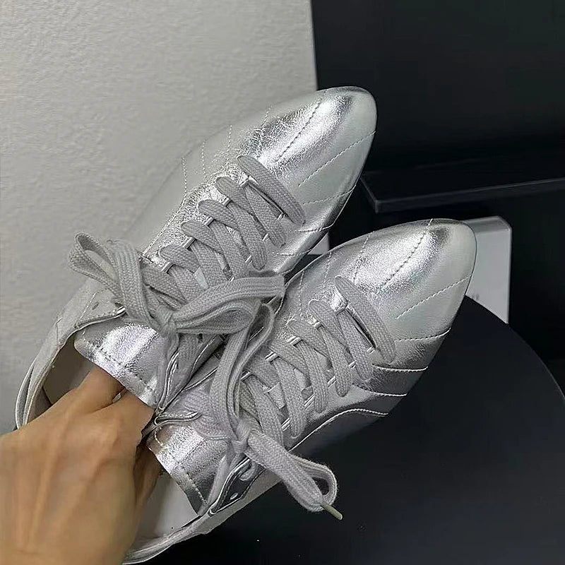 Women's Silver Pointed Sports Shoes - Soft Training & Walking Shoes