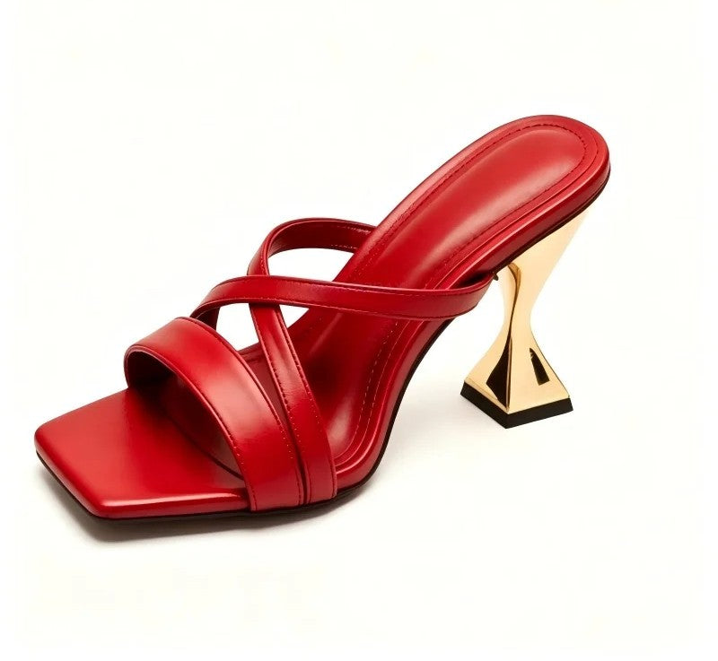 Modern Women's Faux Leather Heeled Sandals - Gold Heels Finish