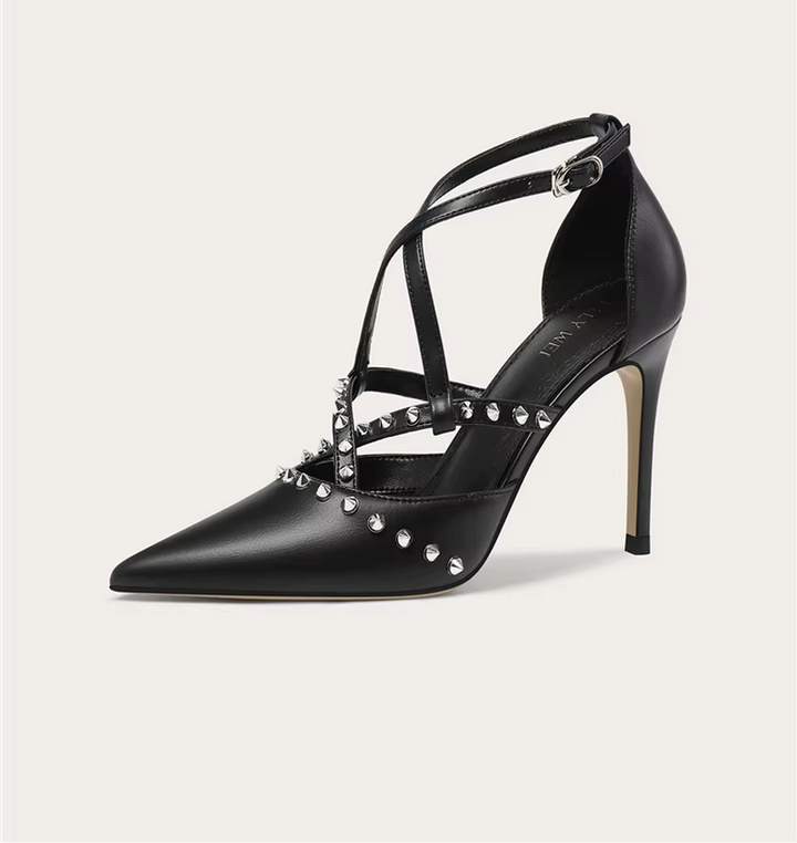 Women's Black Leather Pointed-Toe Rivet High-Heel Dress Sandals
