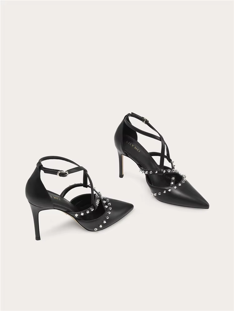 Women's Black Leather Pointed-Toe Rivet High-Heel Dress Sandals