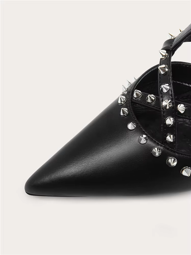 Women's Black Leather Pointed-Toe Rivet High-Heel Dress Sandals
