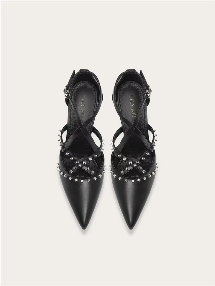 Women's Black Leather Pointed-Toe Rivet High-Heel Dress Sandals