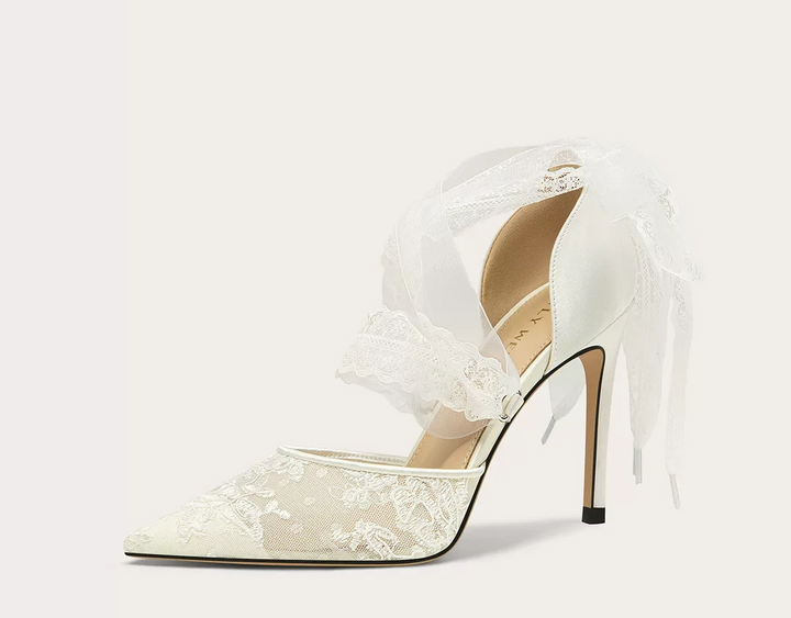 Women's Embroidered Lace Mesh Wedding Heels – Pointed Toe Strap Sandals for Bridal Party Wear