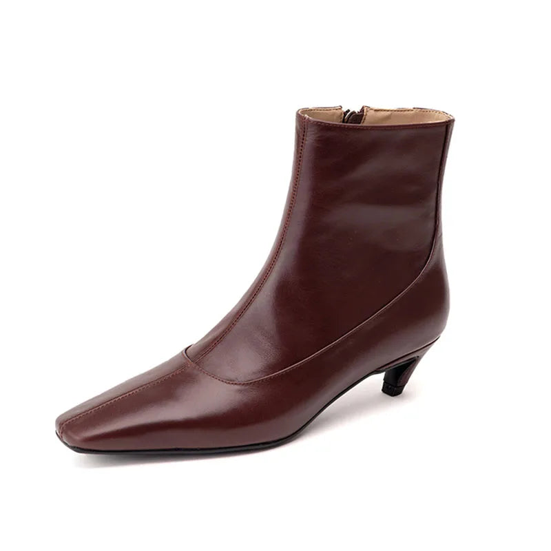 Women's Genuine Leather Ankle Boots – Square Toe Low Kitten Heel Fashion Boots