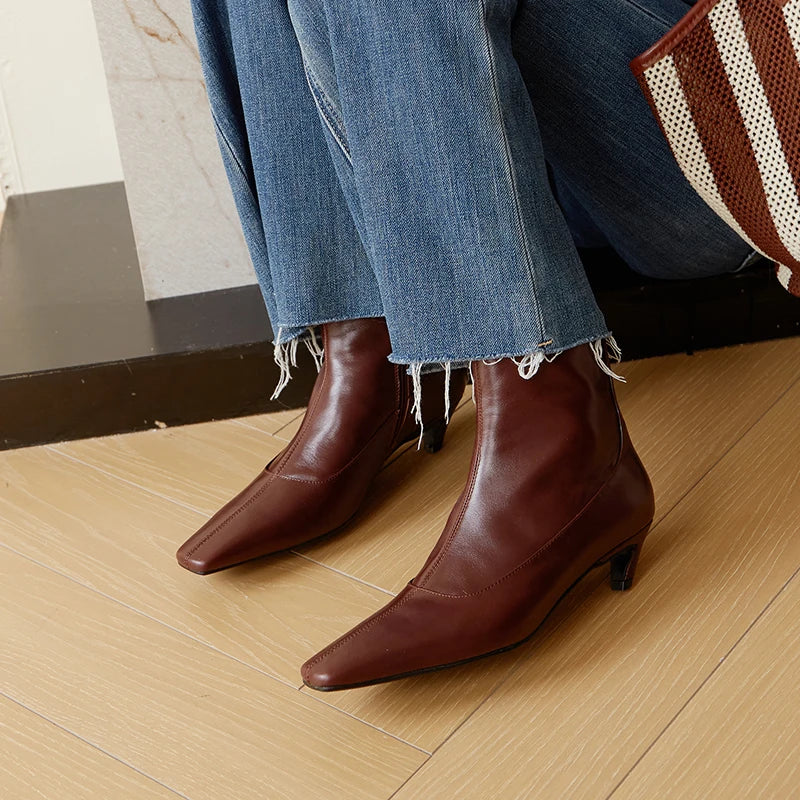 Women's Genuine Leather Ankle Boots – Square Toe Low Kitten Heel Fashion Boots
