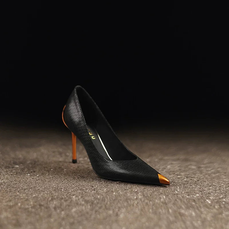 Women's Genuine Leather Pointed Toe High Heels – Shiny Metal Slim Heel Pumps for Weddings