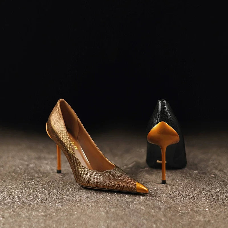 Women's Genuine Leather Pointed Toe High Heels – Shiny Metal Slim Heel Pumps for Weddings