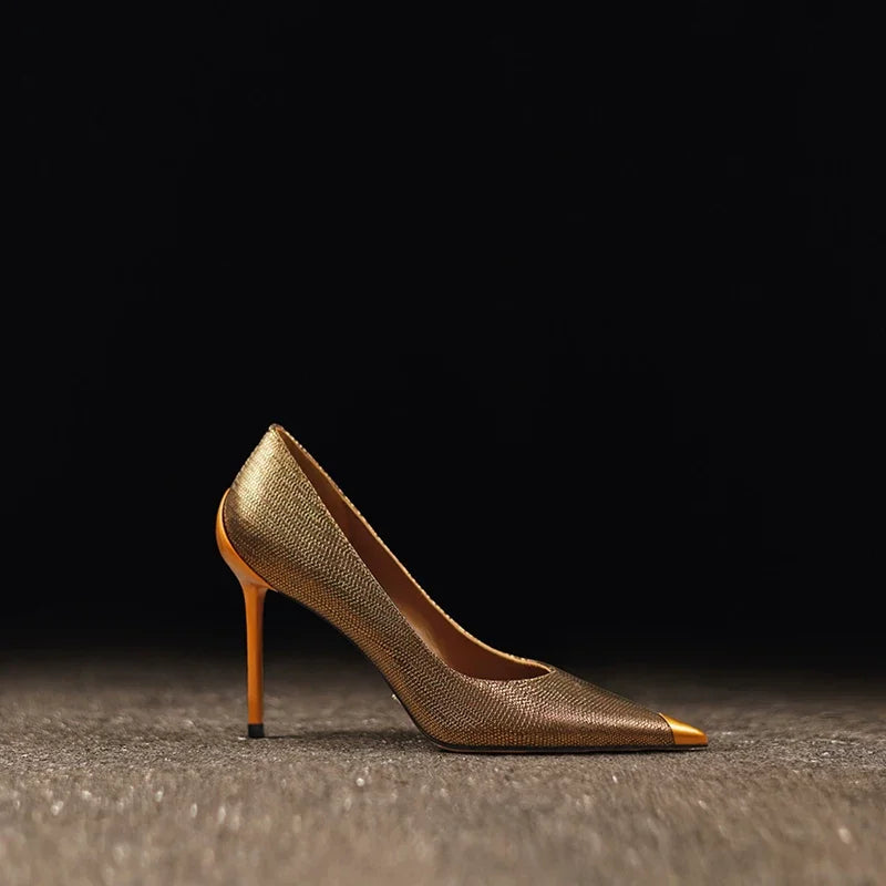 Women's Genuine Leather Pointed Toe High Heels – Shiny Metal Slim Heel Pumps for Weddings
