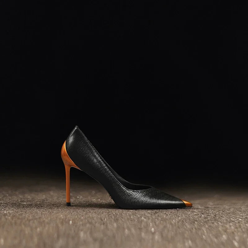 Women's Genuine Leather Pointed Toe High Heels – Shiny Metal Slim Heel Pumps for Weddings