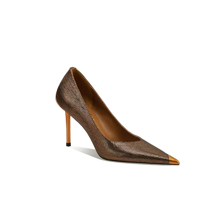 Women's Genuine Leather Pointed Toe High Heels – Shiny Metal Slim Heel Pumps for Weddings