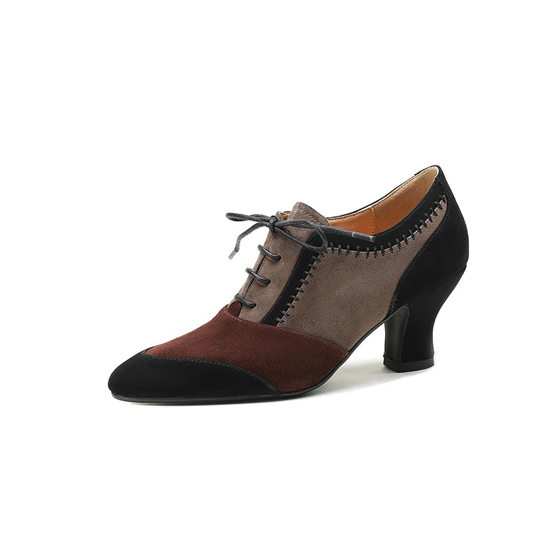 Women's Genuine Suede Leather Pumps – Retro Lace-Up High Heels, Elegant Office Shoes