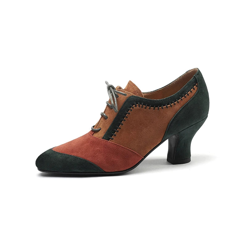 Women's Genuine Suede Leather Pumps – Retro Lace-Up High Heels, Elegant Office Shoes