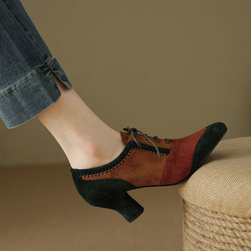 Women's Genuine Suede Leather Pumps – Retro Lace-Up High Heels, Elegant Office Shoes