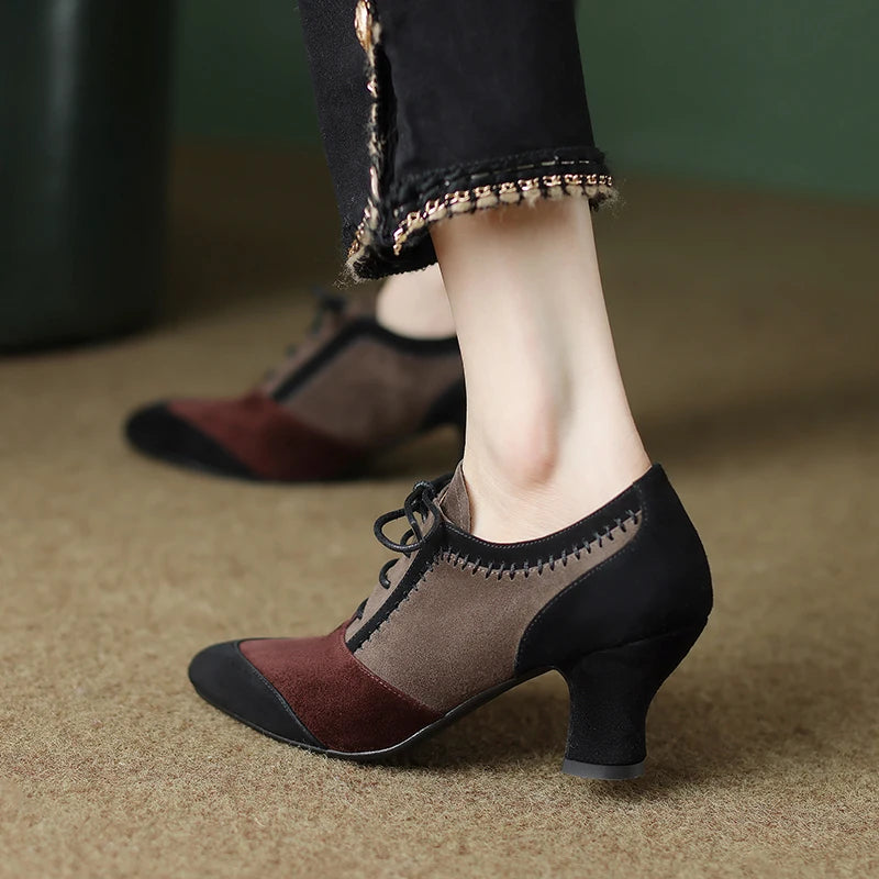 Women's Genuine Suede Leather Pumps – Retro Lace-Up High Heels, Elegant Office Shoes