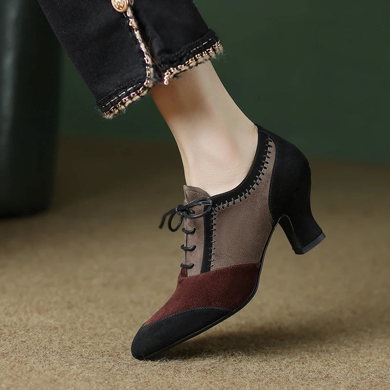 Women's Genuine Suede Leather Pumps – Retro Lace-Up High Heels, Elegant Office Shoes