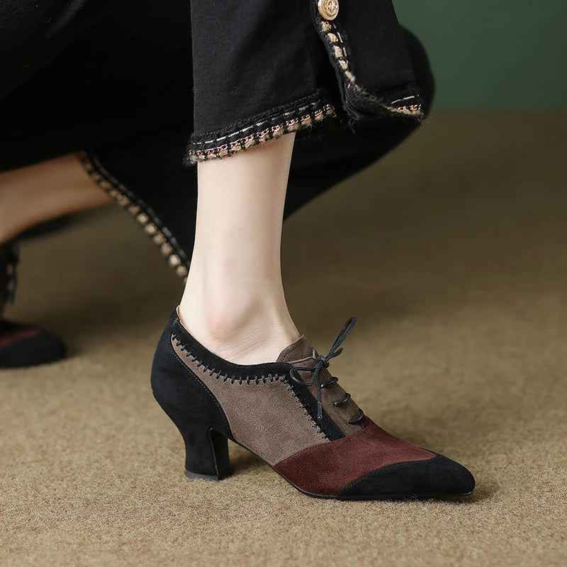 Women's Genuine Suede Leather Pumps – Retro Lace-Up High Heels, Elegant Office Shoes