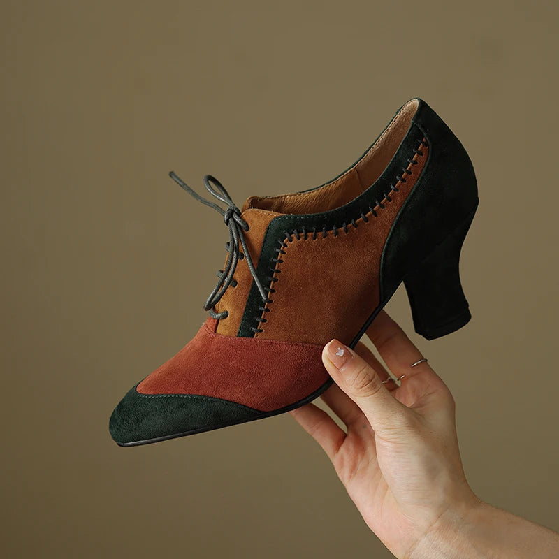 Women's Genuine Suede Leather Pumps – Retro Lace-Up High Heels, Elegant Office Shoes
