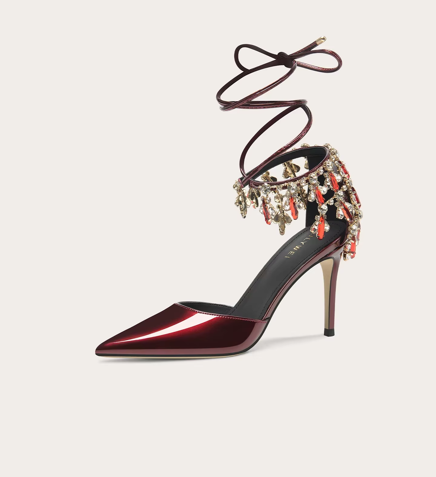 Women’s Lacquer Leather High Heel Sandals with Rhinestone Tassels