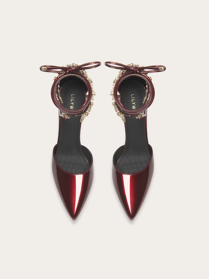 Women’s Lacquer Leather High Heel Sandals with Rhinestone Tassels