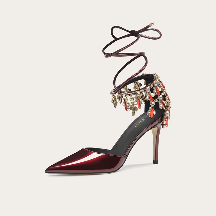 Women’s Lacquer Leather High Heel Sandals with Rhinestone Tassels