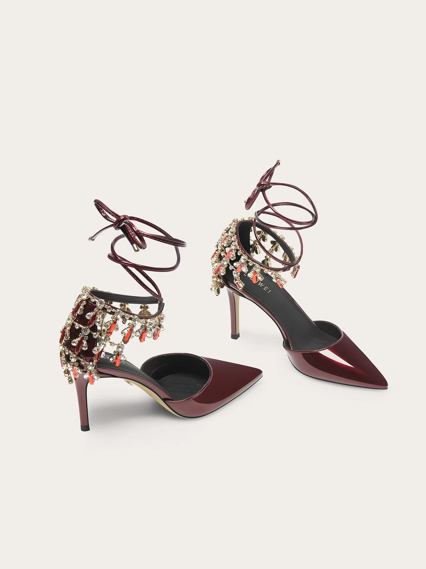 Women’s Lacquer Leather High Heel Sandals with Rhinestone Tassels