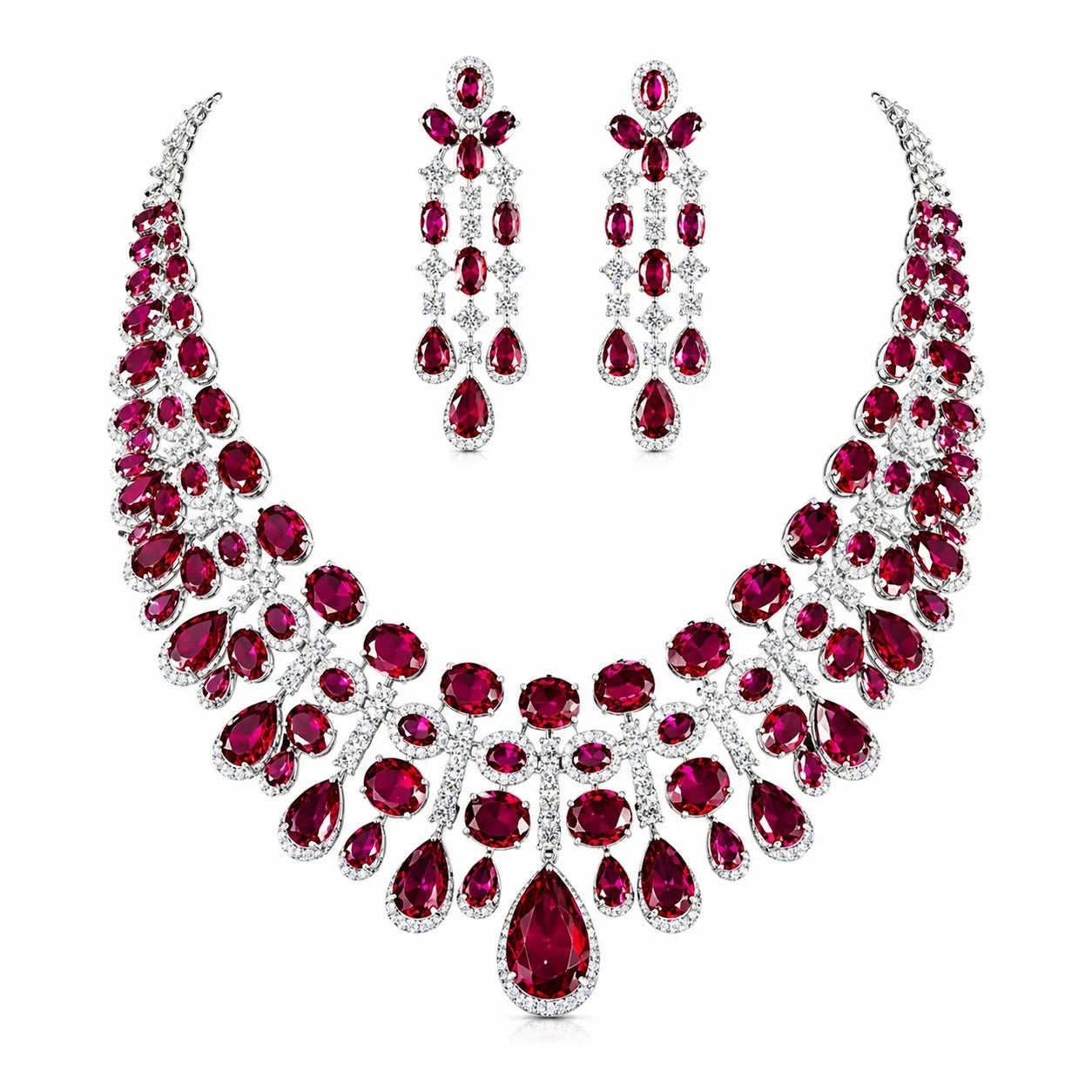 Women's Luxury Ruby Teardrop Necklace and Earrings Jewelry Set