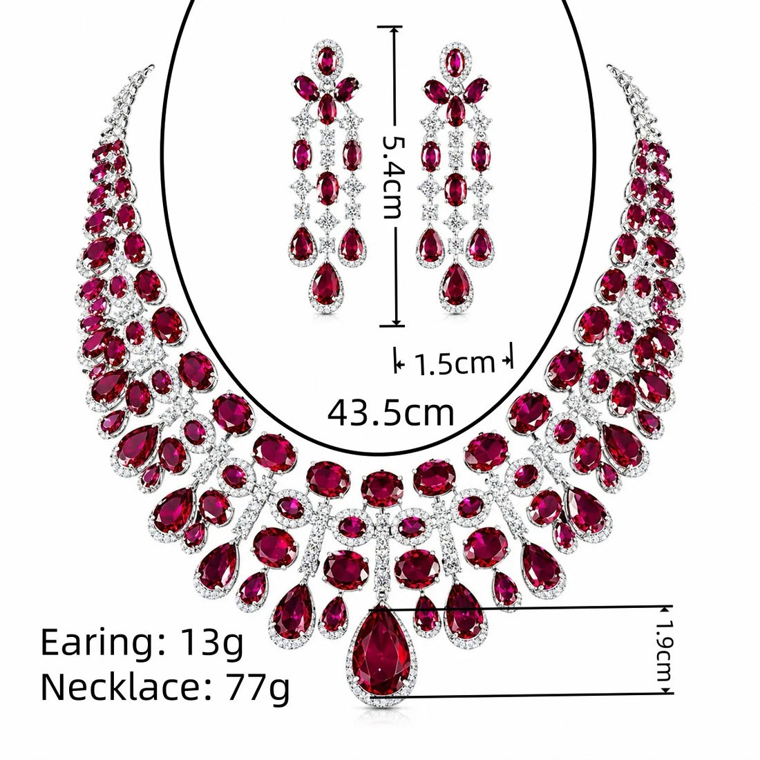 Women's Luxury Ruby Teardrop Necklace and Earrings Jewelry Set