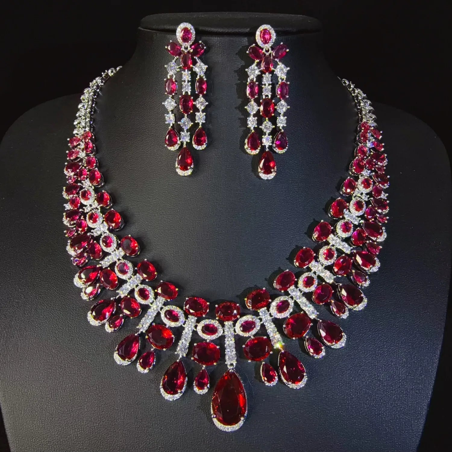 Women's Luxury Ruby Teardrop Necklace and Earrings Jewelry Set