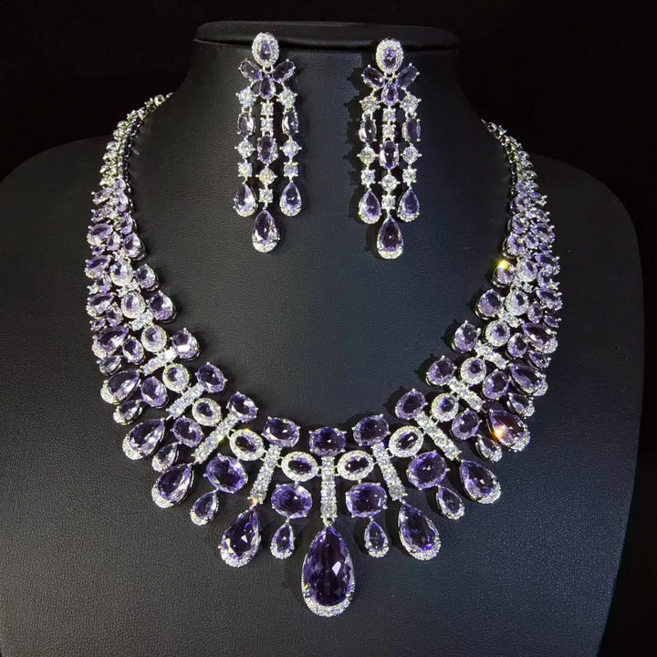 Women's Luxury Ruby Teardrop Necklace and Earrings Jewelry Set