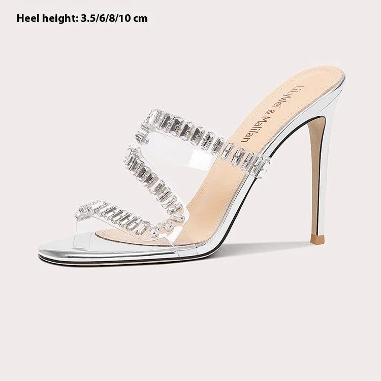 Women's PVC Rhinestone Square-Heel High-Heel Sandals