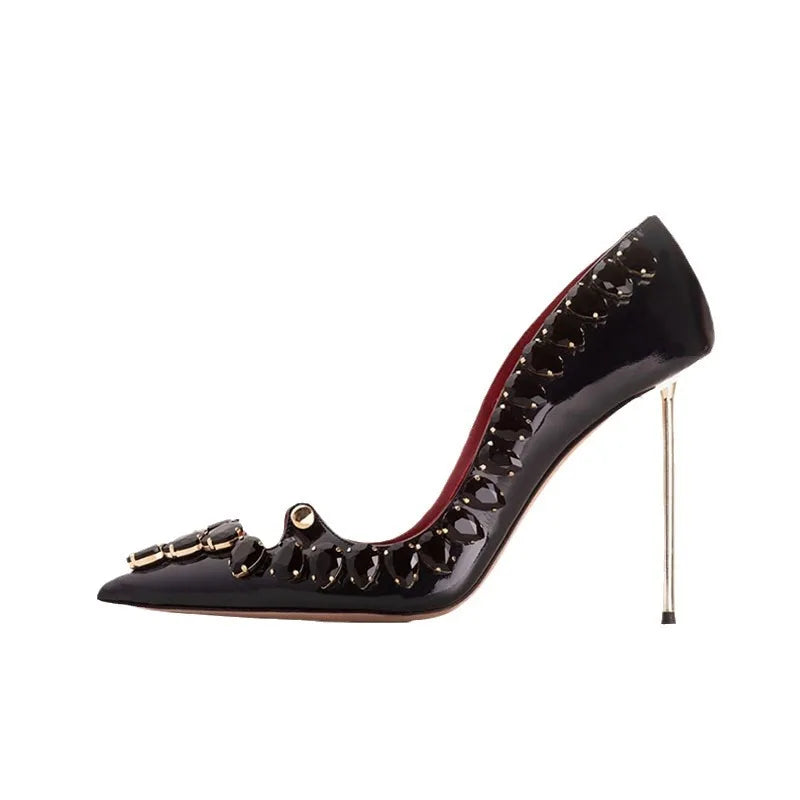 Women's Patent Leather Stiletto Heels – Pointed Toe Crystal Rhinestone Buckle Pumps