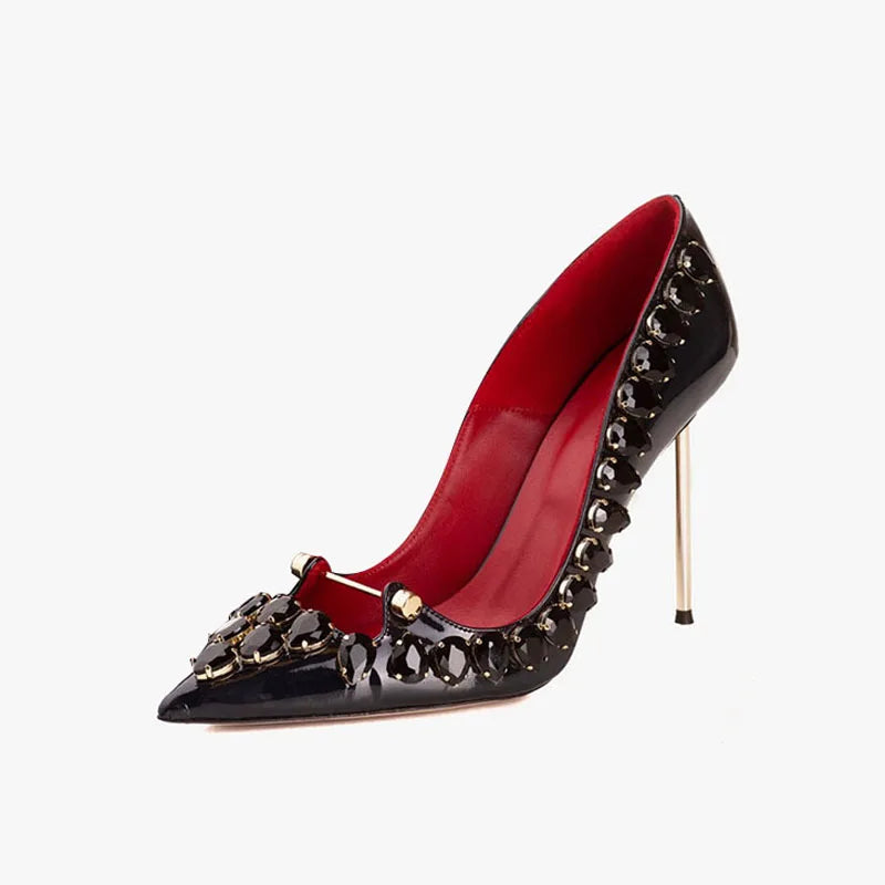 Women's Patent Leather Stiletto Heels – Pointed Toe Crystal Rhinestone Buckle Pumps