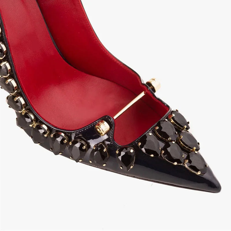 Women's Patent Leather Stiletto Heels – Pointed Toe Crystal Rhinestone Buckle Pumps