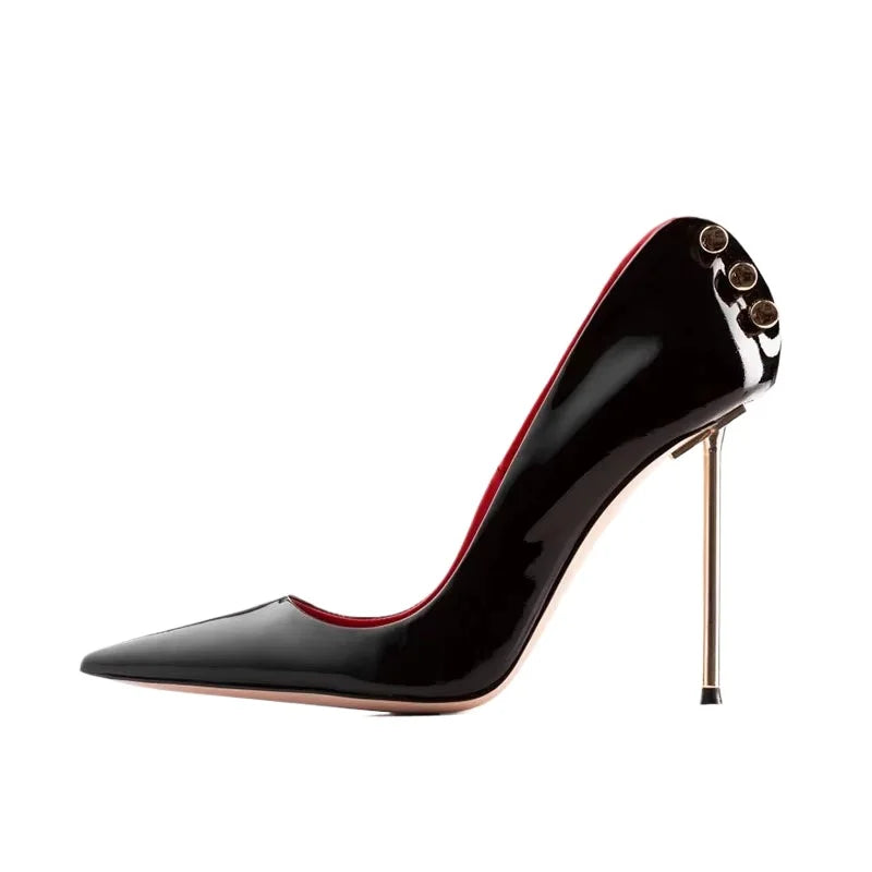 Women's Patent Leather Stiletto Pumps – Pointed Toe Hollow Metal Heel Buckle Shoes