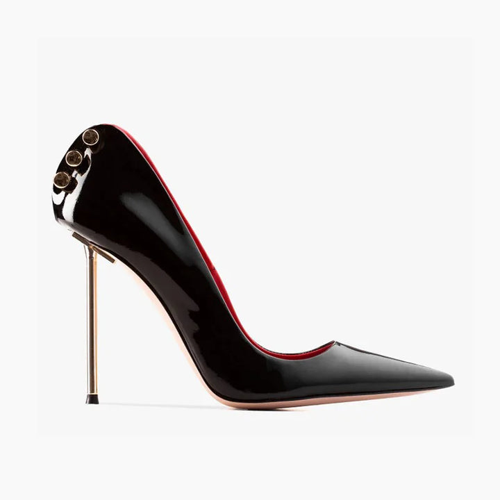 Women's Patent Leather Stiletto Pumps – Pointed Toe Hollow Metal Heel Buckle Shoes