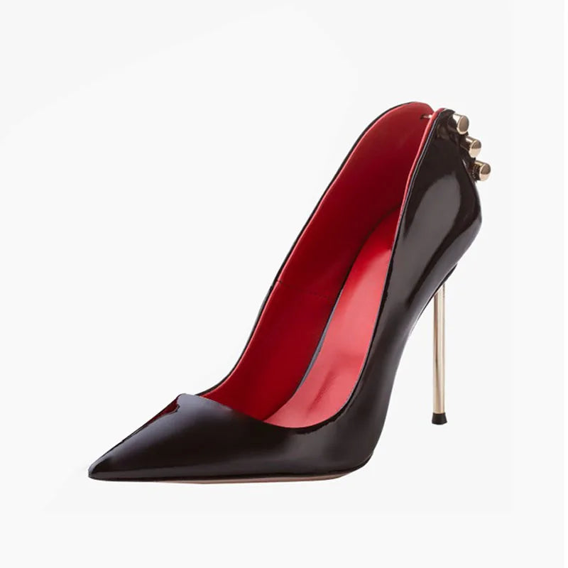 Women's Patent Leather Stiletto Pumps – Pointed Toe Hollow Metal Heel Buckle Shoes