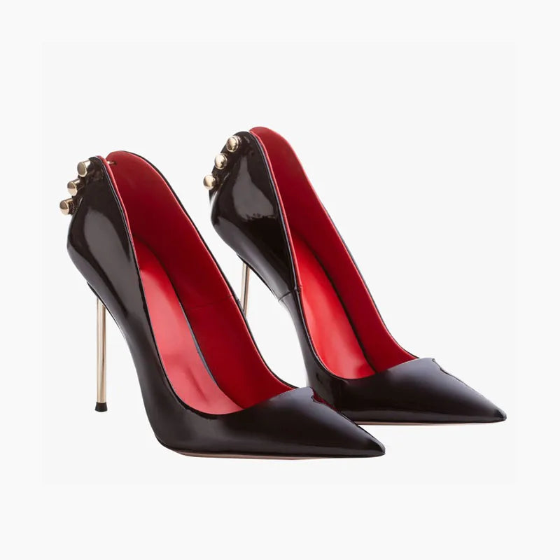 Women's Patent Leather Stiletto Pumps – Pointed Toe Hollow Metal Heel Buckle Shoes