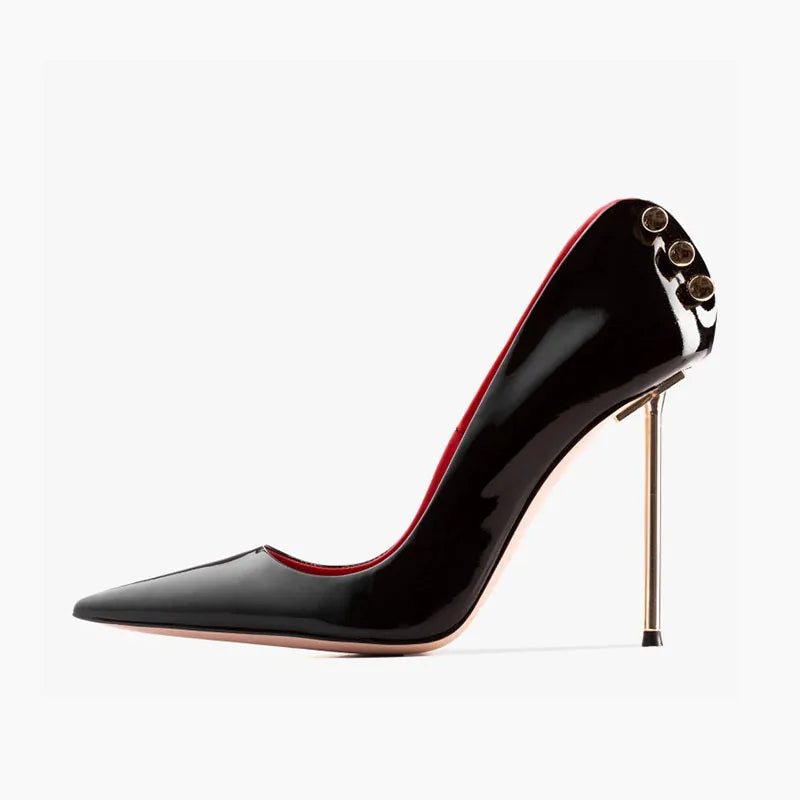Women's Patent Leather Stiletto Pumps – Pointed Toe Hollow Metal Heel Buckle Shoes