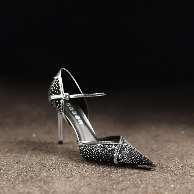 Women's Pointed-Toe Crystal Mesh Leather Stiletto Heel Sandals