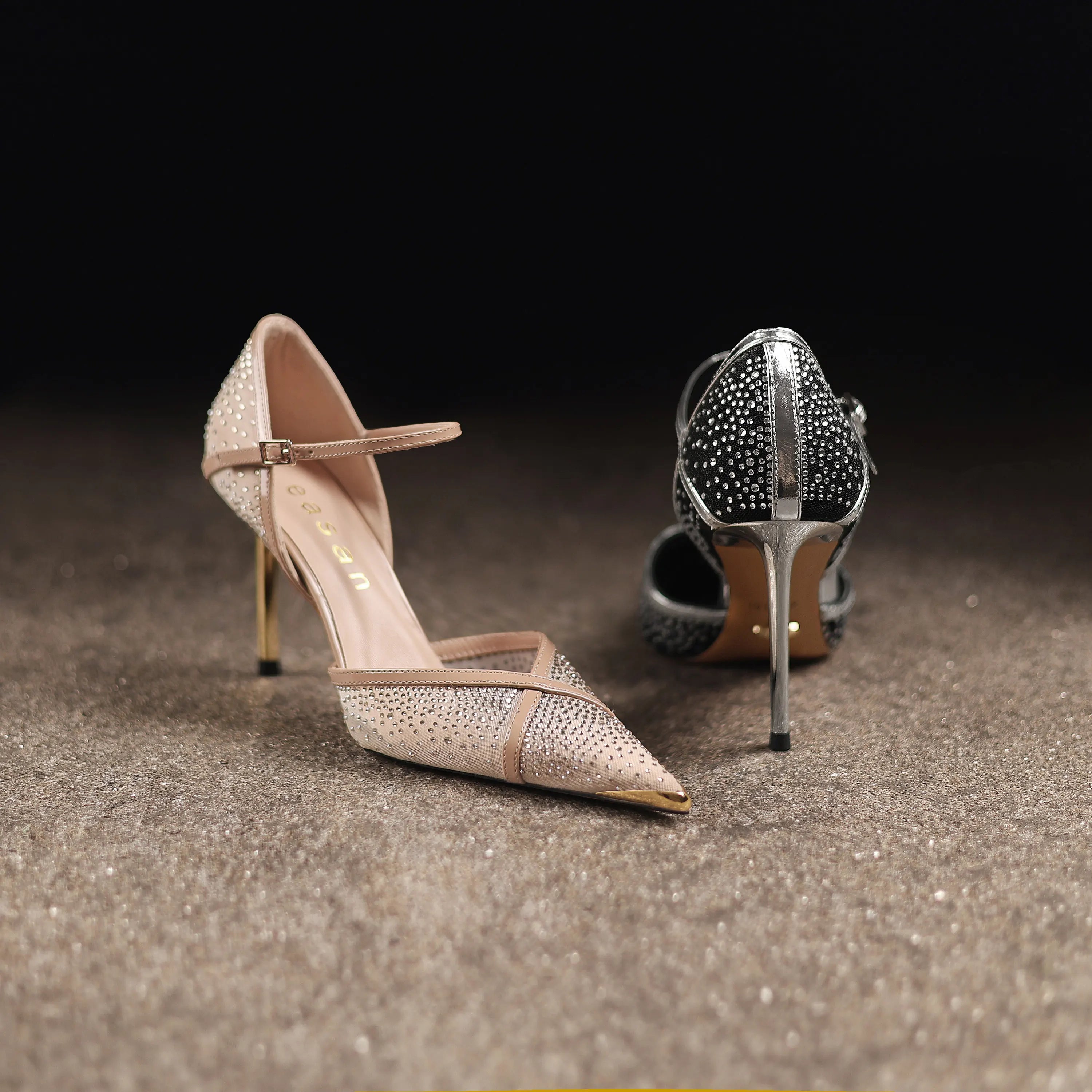 Women's Pointed-Toe Crystal Mesh Leather Stiletto Heel Sandals