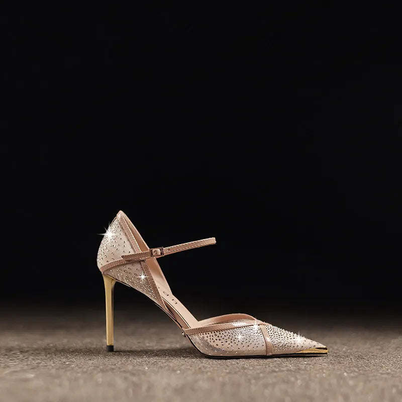 Women's Pointed-Toe Crystal Mesh Leather Stiletto Heel Sandals
