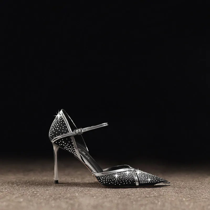 Women's Pointed-Toe Crystal Mesh Leather Stiletto Heel Sandals