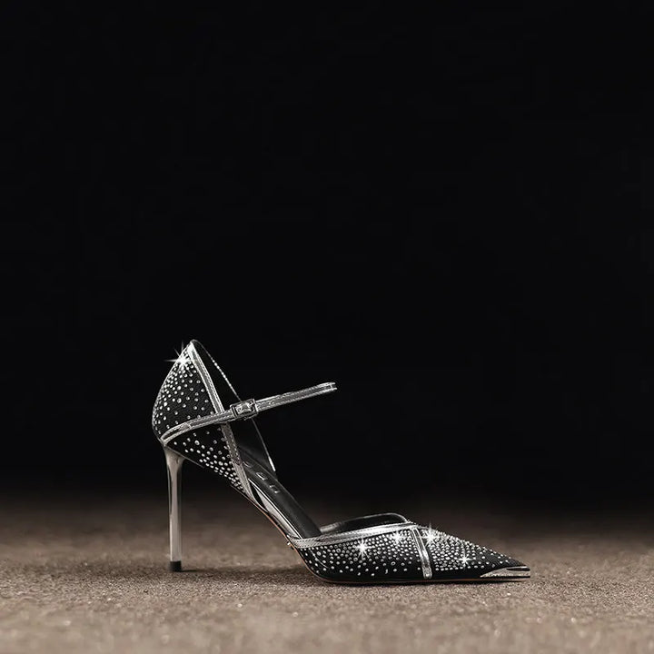 Women's Pointed-Toe Crystal Mesh Leather Stiletto Heel Sandals