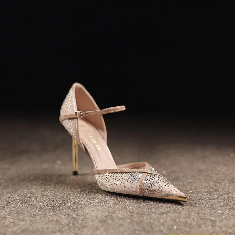 Women's Pointed-Toe Crystal Mesh Leather Stiletto Heel Sandals