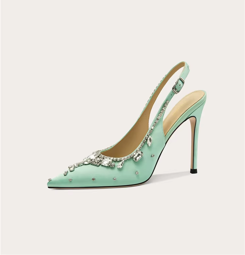 Women's Pointed-Toe Satin Crystal Embellished Low-Heel Sandals