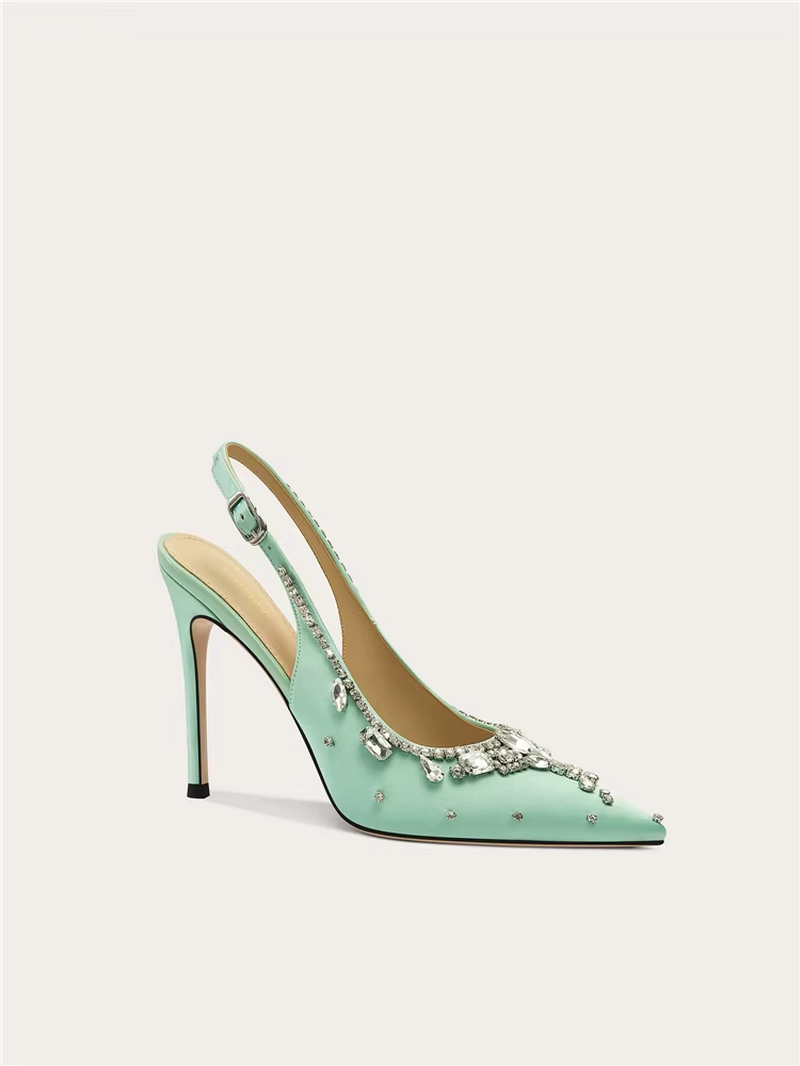 Women's Pointed-Toe Satin Crystal Embellished Low-Heel Sandals
