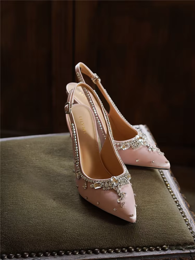 Women's Pointed-Toe Satin Crystal Embellished Low-Heel Sandals